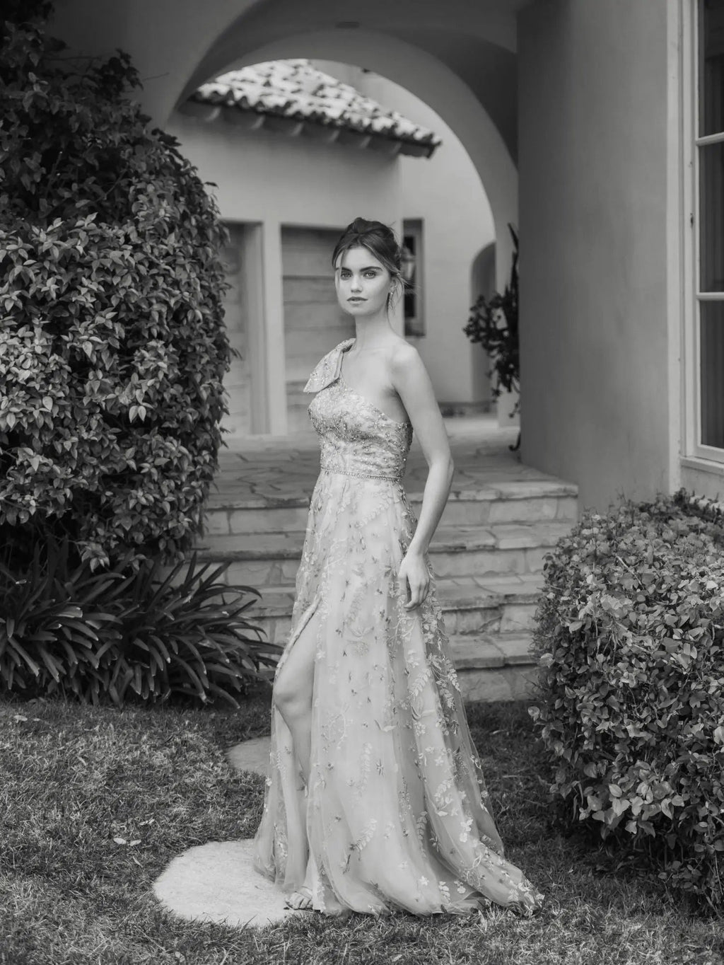 Green Embellished Bow One Shoulder A Line Gown