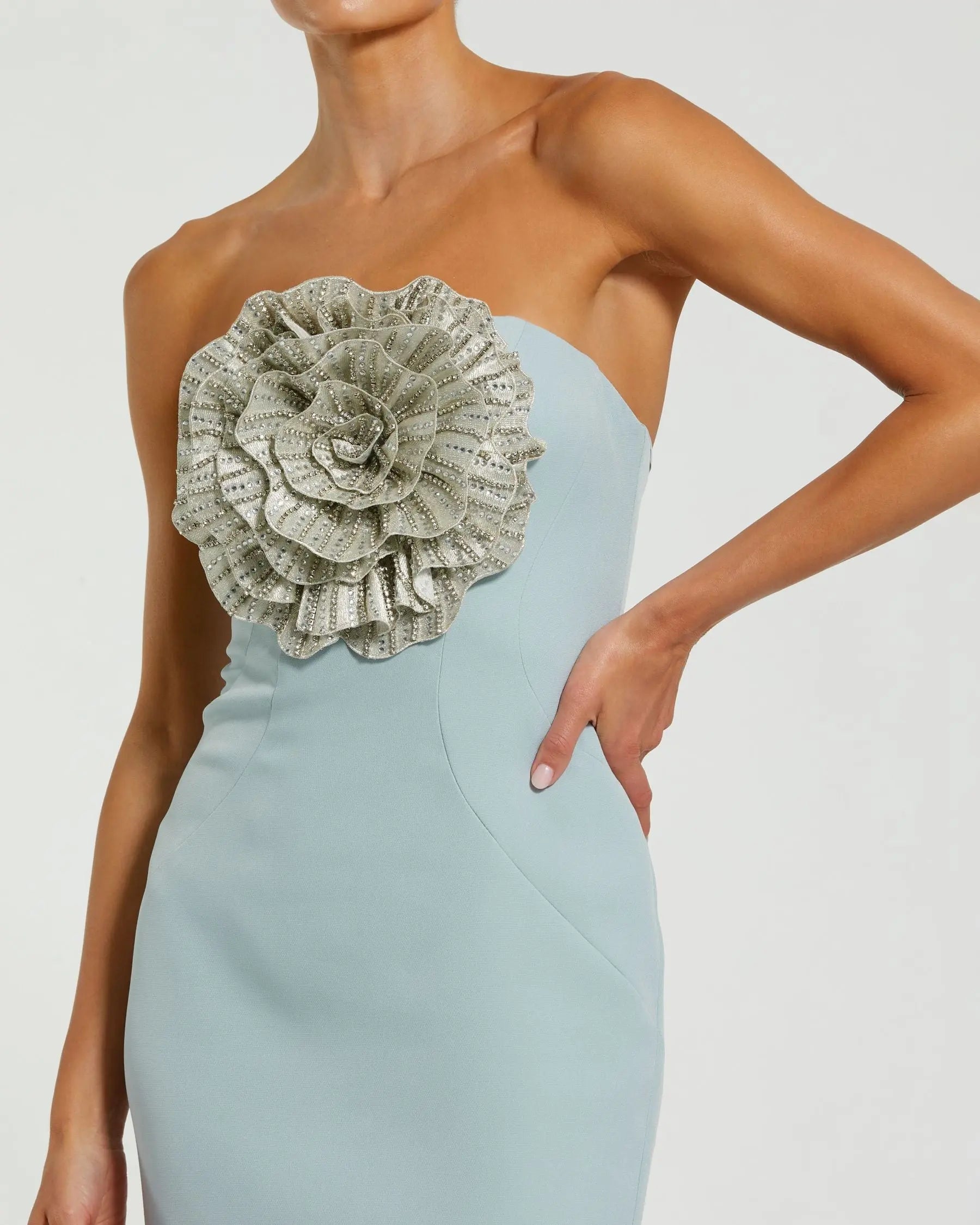 Blue Strapless Crepe Trumpet Gown with 3D Rhinestone Flower