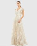 Embroidered Flutter Sleeve V-Neck Gown