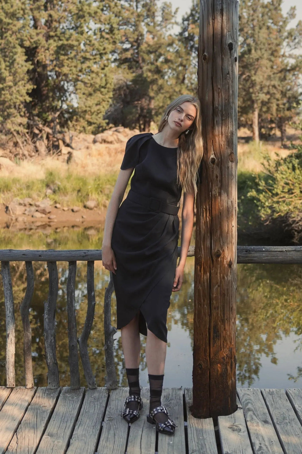 Black Crepe Boat Neck Midi Tulip Dress With Belt