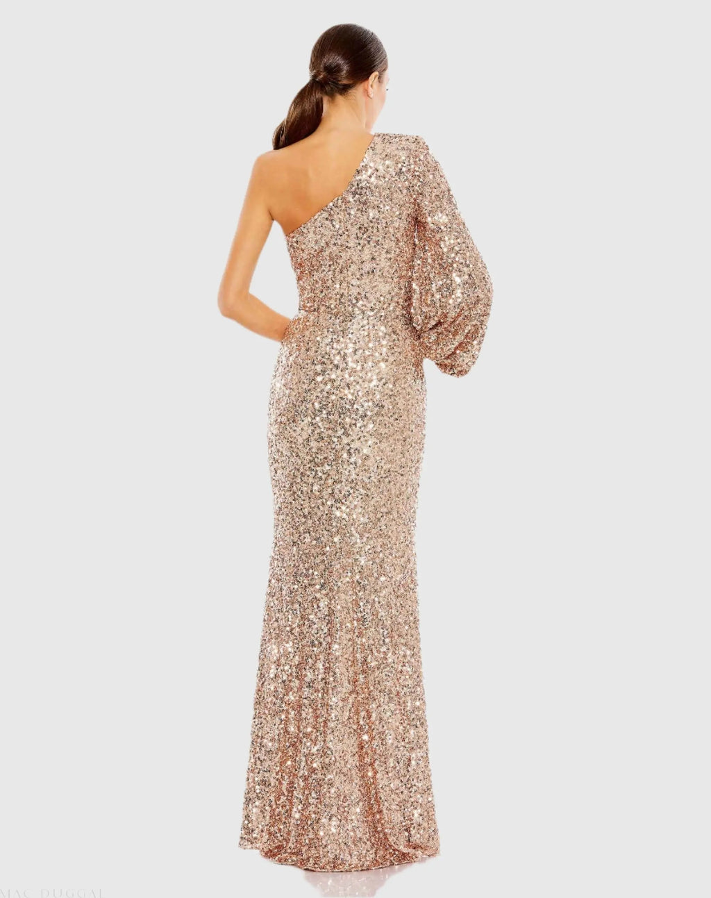 Pink Sequined One Shoulder Bishop Sleeve Trumpet Gown