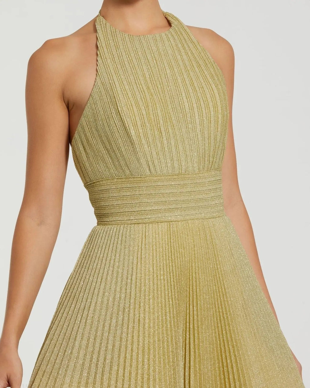 Gold Shimmering Pleated High Neck Ballgown