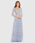 Purple Long Sleeve Embellished Cut Out A-Line Gown