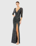 Gray Sequined Draped 3/4 Sleeve Gown