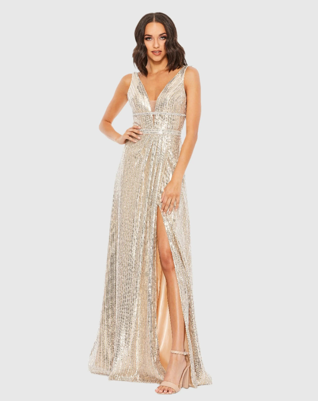 Silver Metallic Plunge Neck Sequined Gown