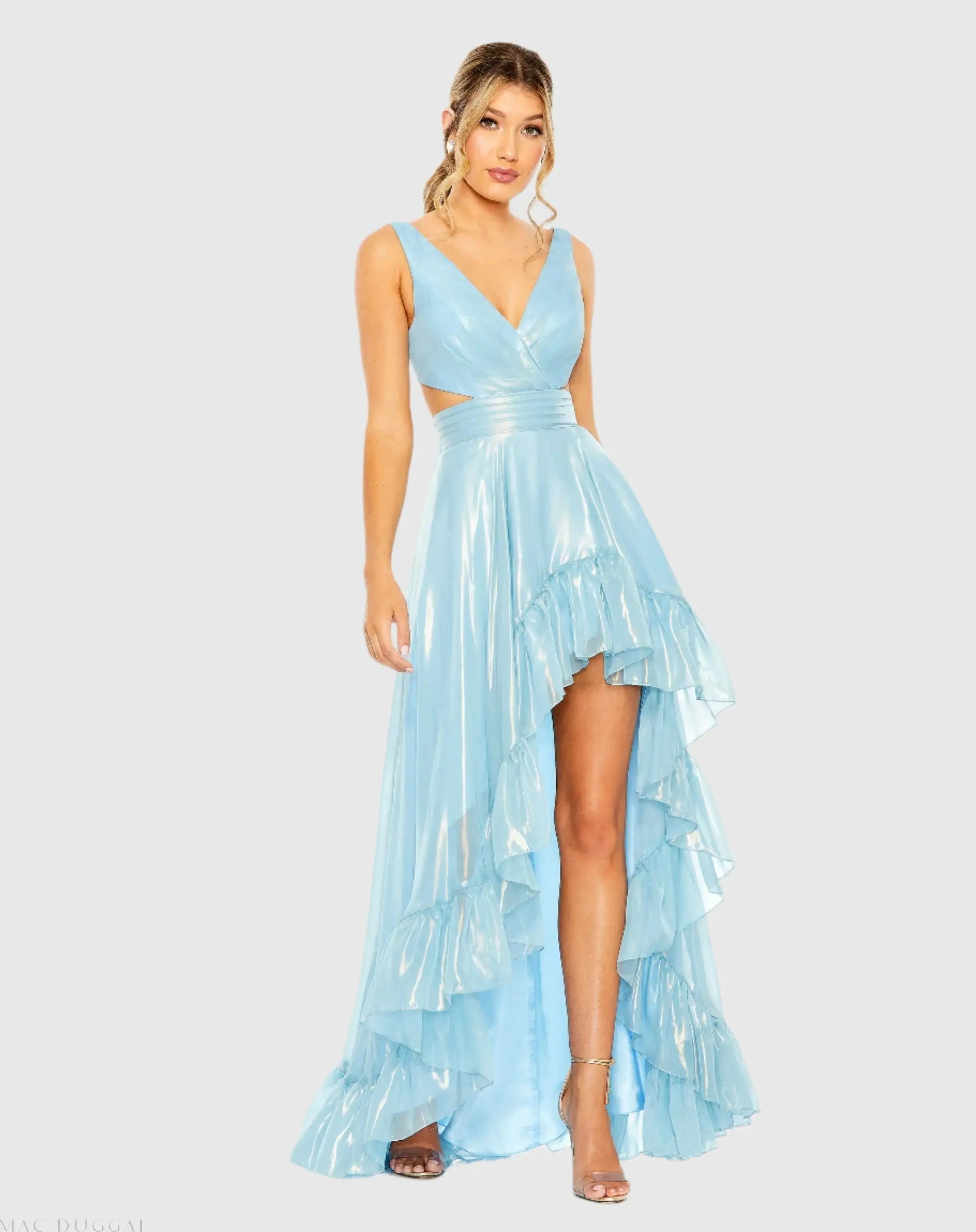 Blue Cut Out High V-Neck Low A-line Dress - FINAL SALE