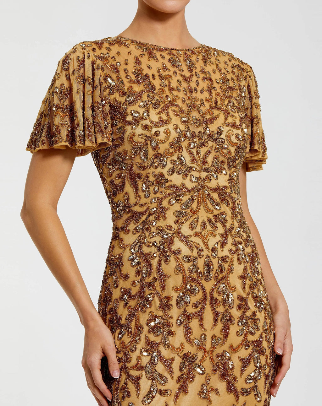 Gold Embellished High Neck Flutter Sleeve Gown