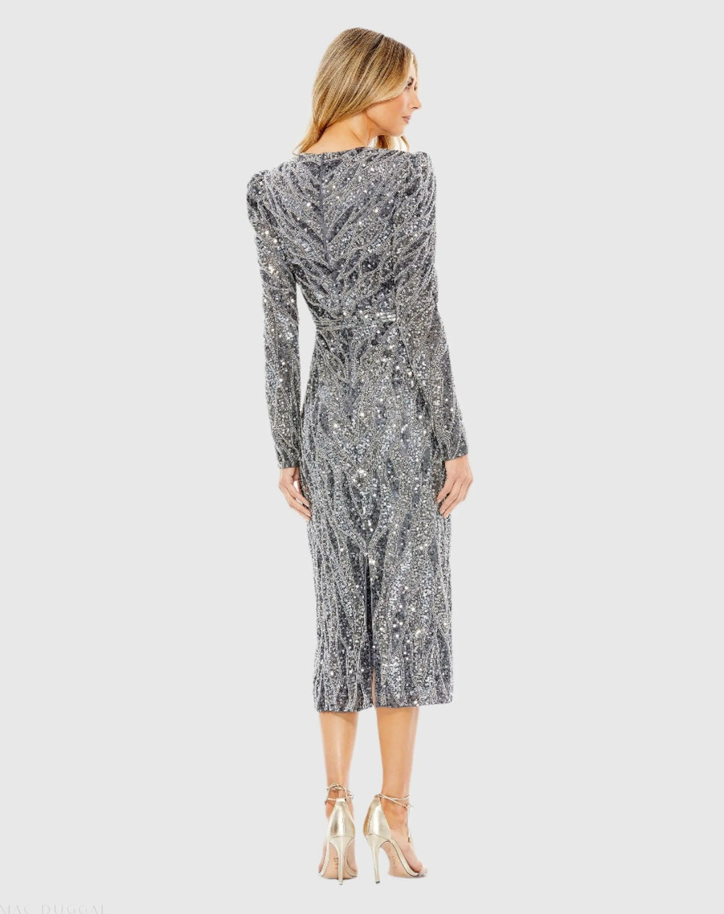 Gray Long Sleeve V Neck Beaded Cocktail Dress