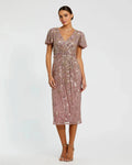 Embellished Faux Wrap Flutter Sleeve Dress