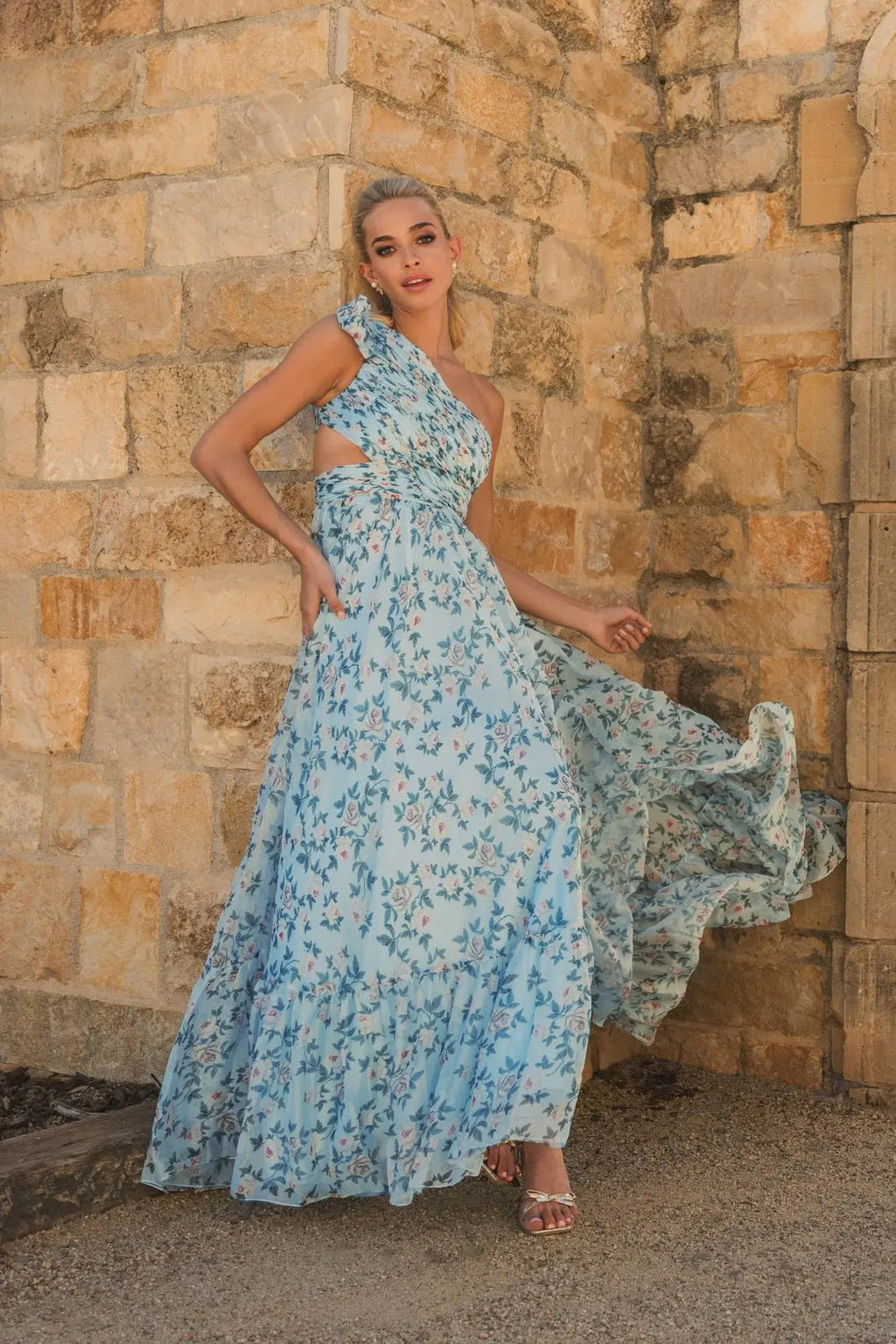 Blue Floral Chiffon One Shoulder Gown