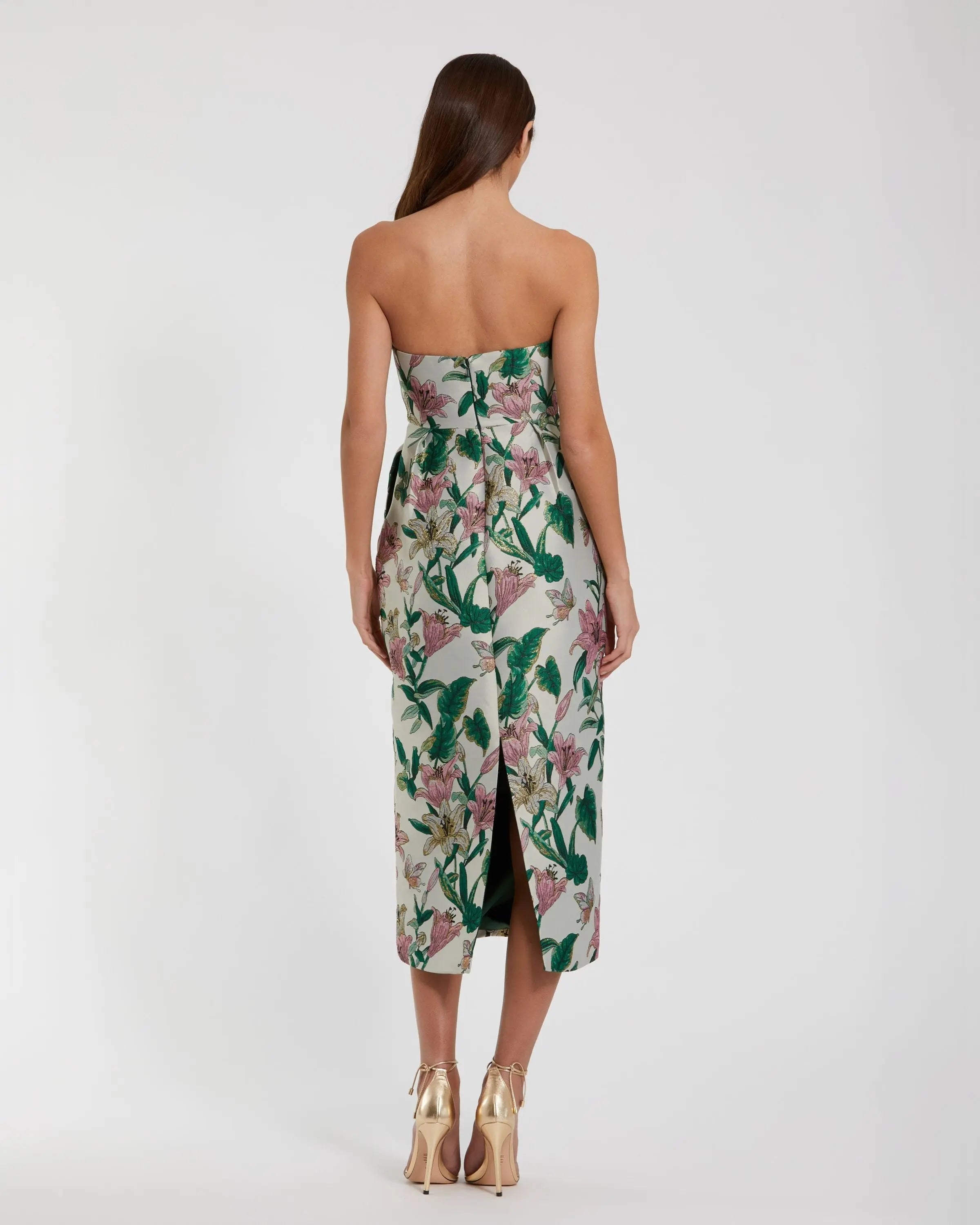 Multicolor Floral Brocade Strapless Fitted Midi Dress