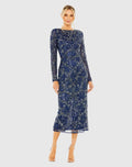 Navy High Neck Long Sleeve Embellished Dress