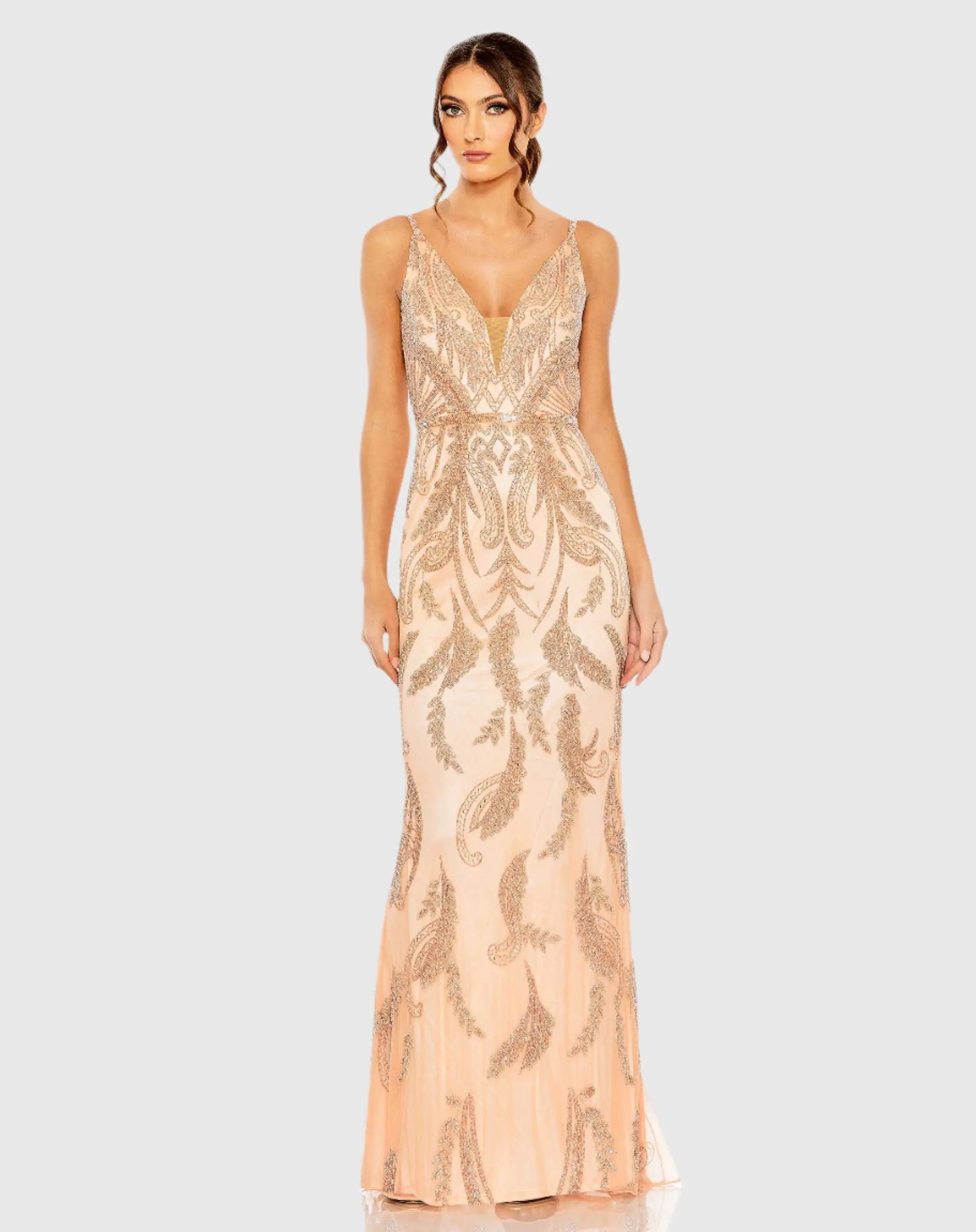 Pink V Neck Sequin Embellished Gown