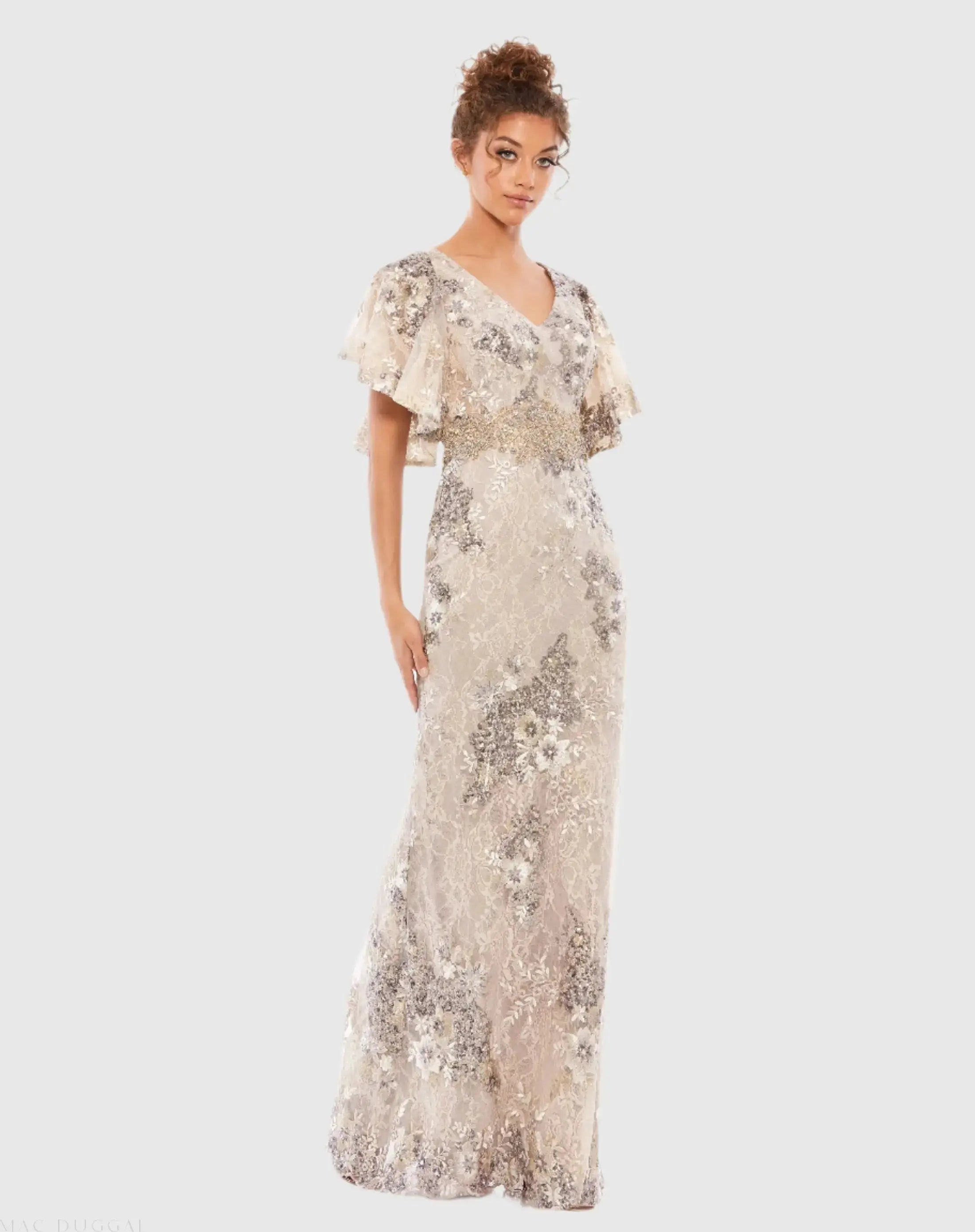 Beige Bell Sleeve Floral Embellished Gown