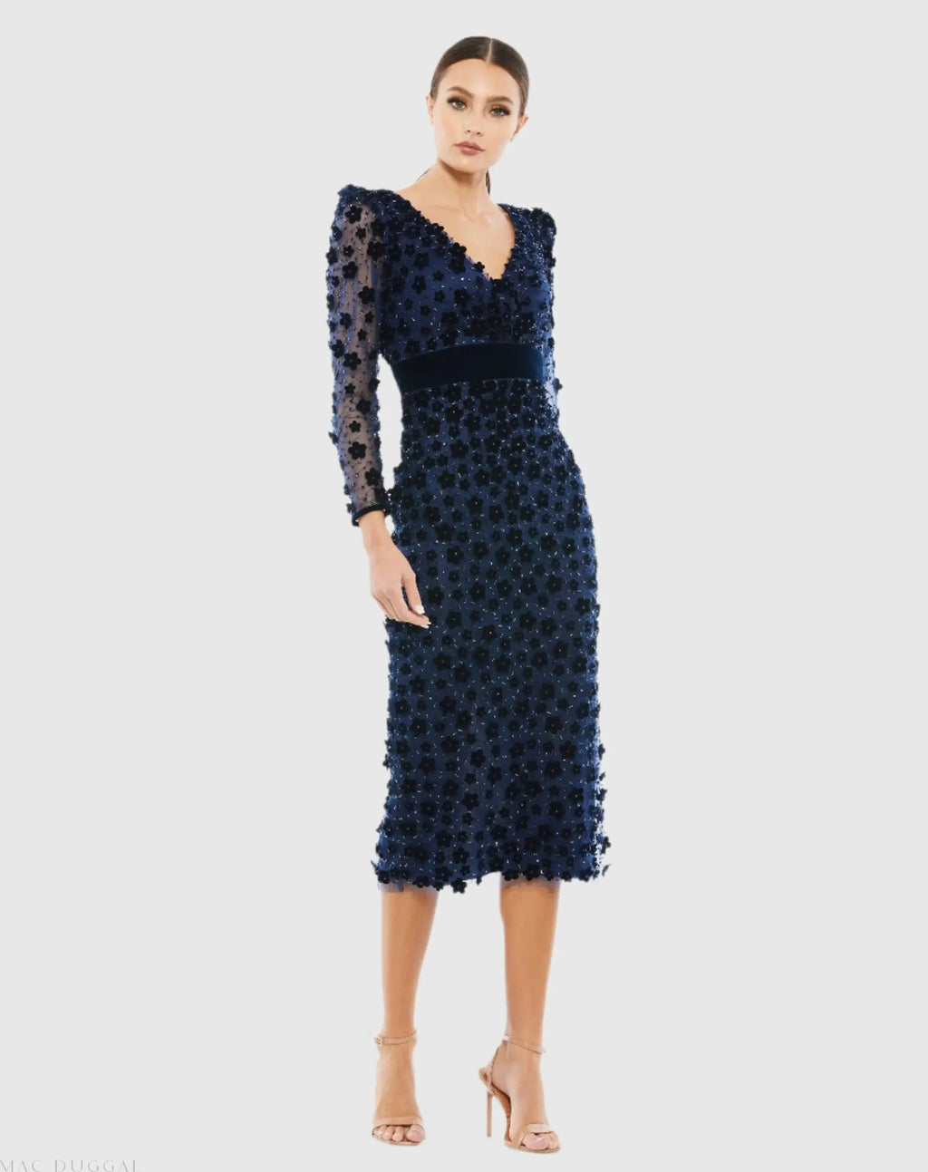 Navy Velvet Embellished V Neck Long Sleeve Sheath Dress