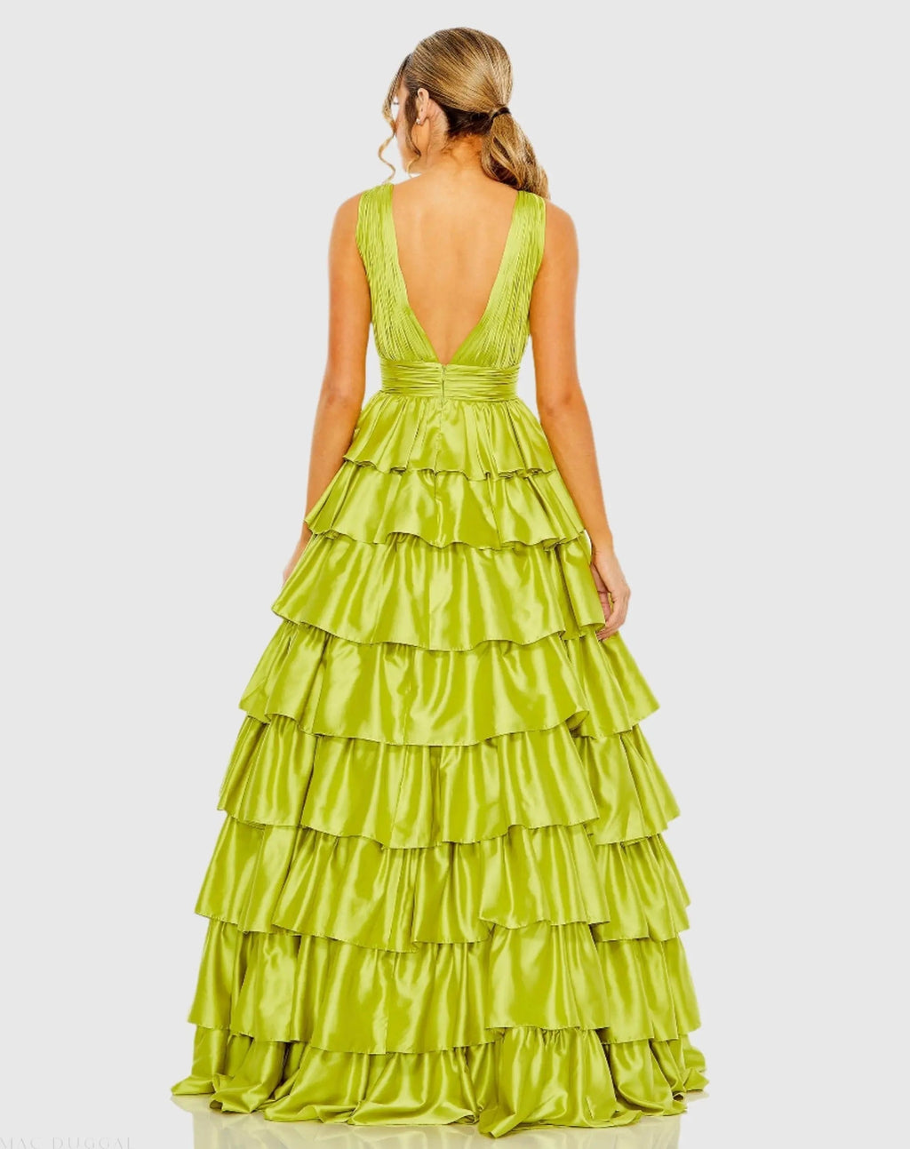Green Ruffle Tiered Pleated Sleeveless V Neck Gown
