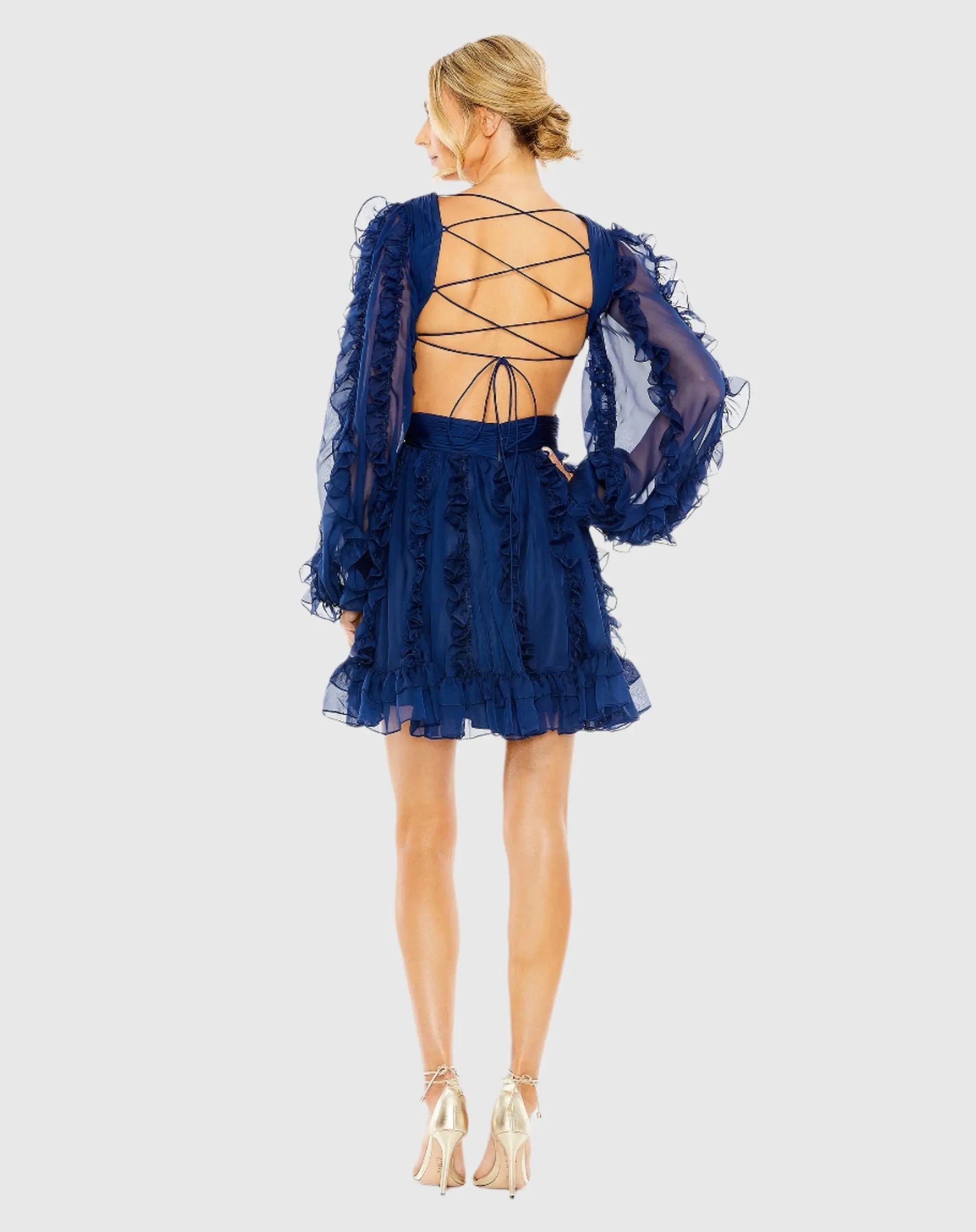 Navy V-Neck Long Puff Sleeve Ruffle Dress