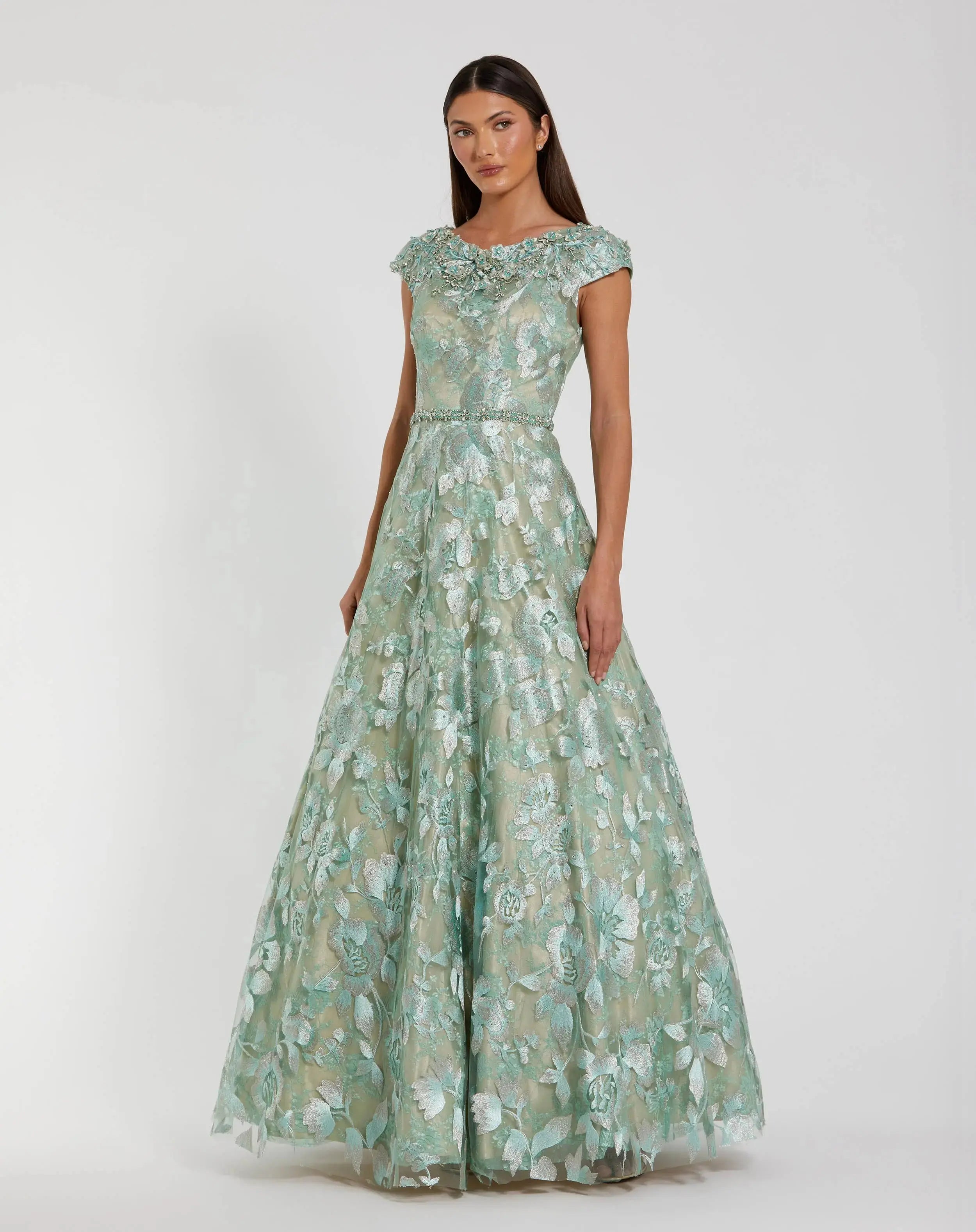 Embellished Cap Sleeve High Neck Ballgown