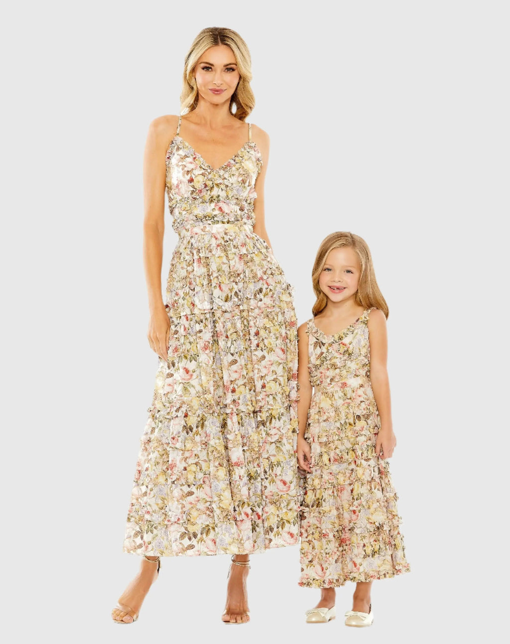 Beige Floral Print Ruffle Tiered Midi Dress