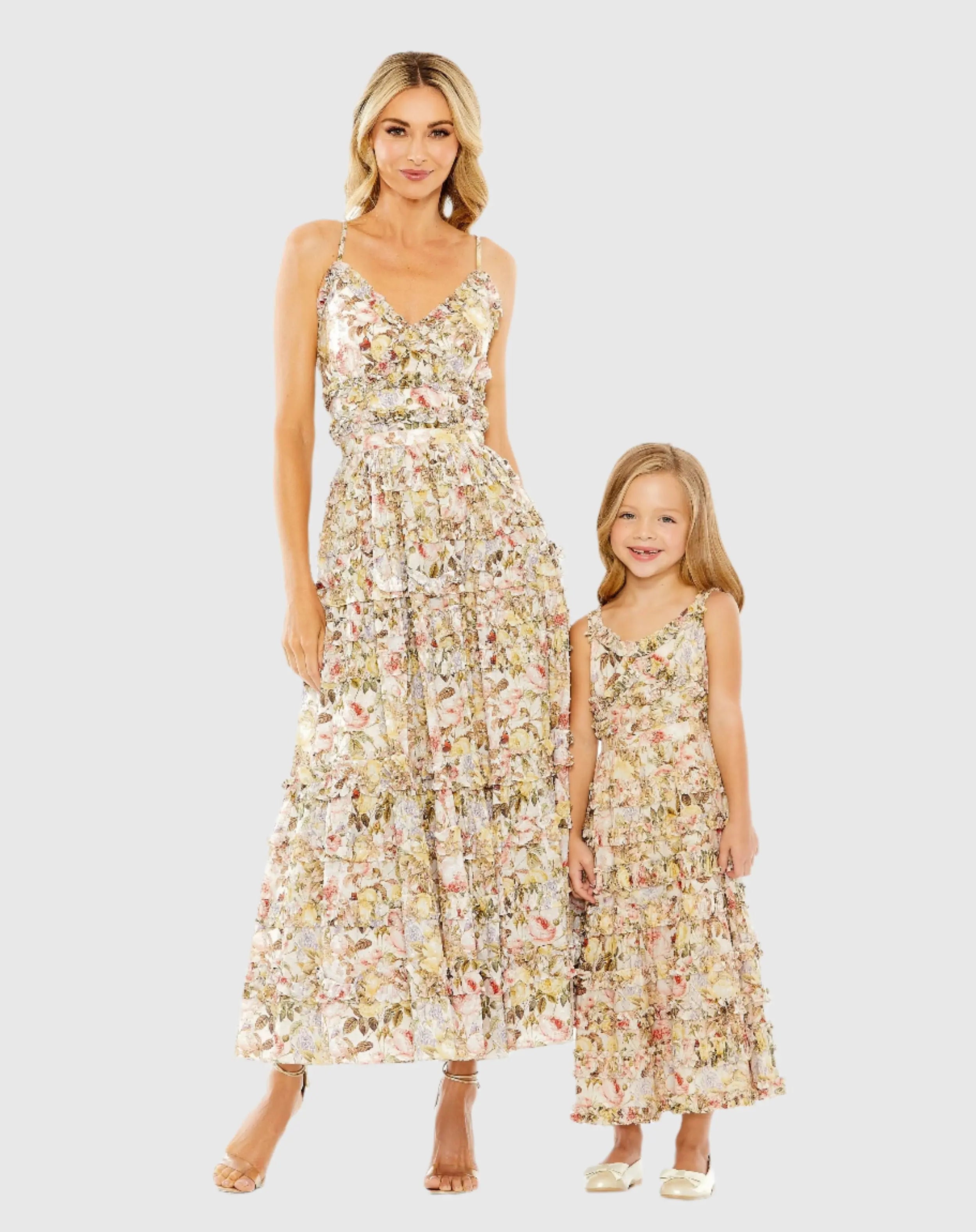 Beige Floral Print Ruffle Tiered Midi Dress