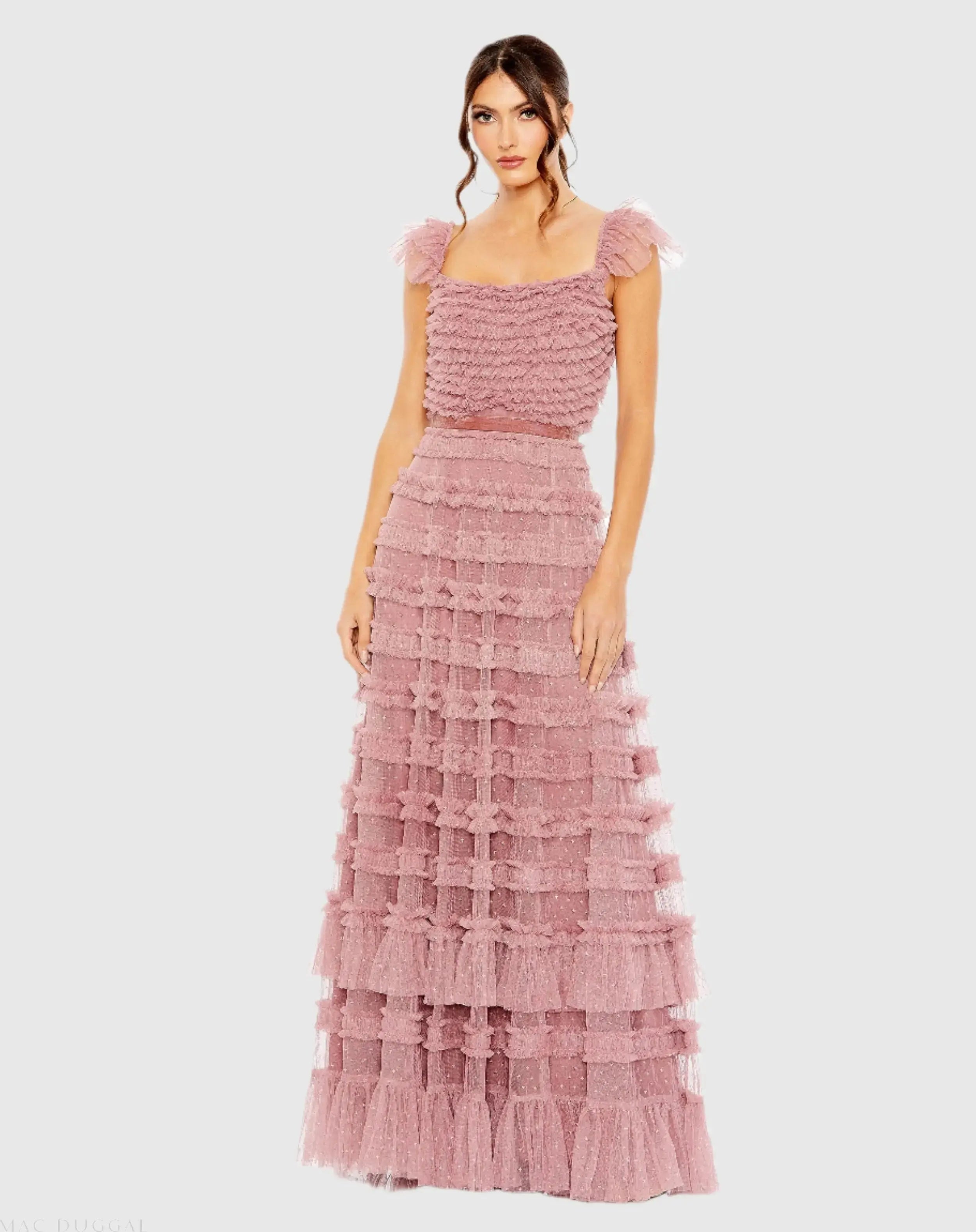 Ruffle Cap Sleeve Tiered Ruffle Gown