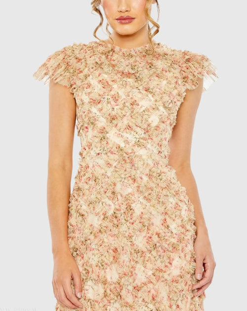 Beige Ruffle Tiered Short Sleeve A Line Dress