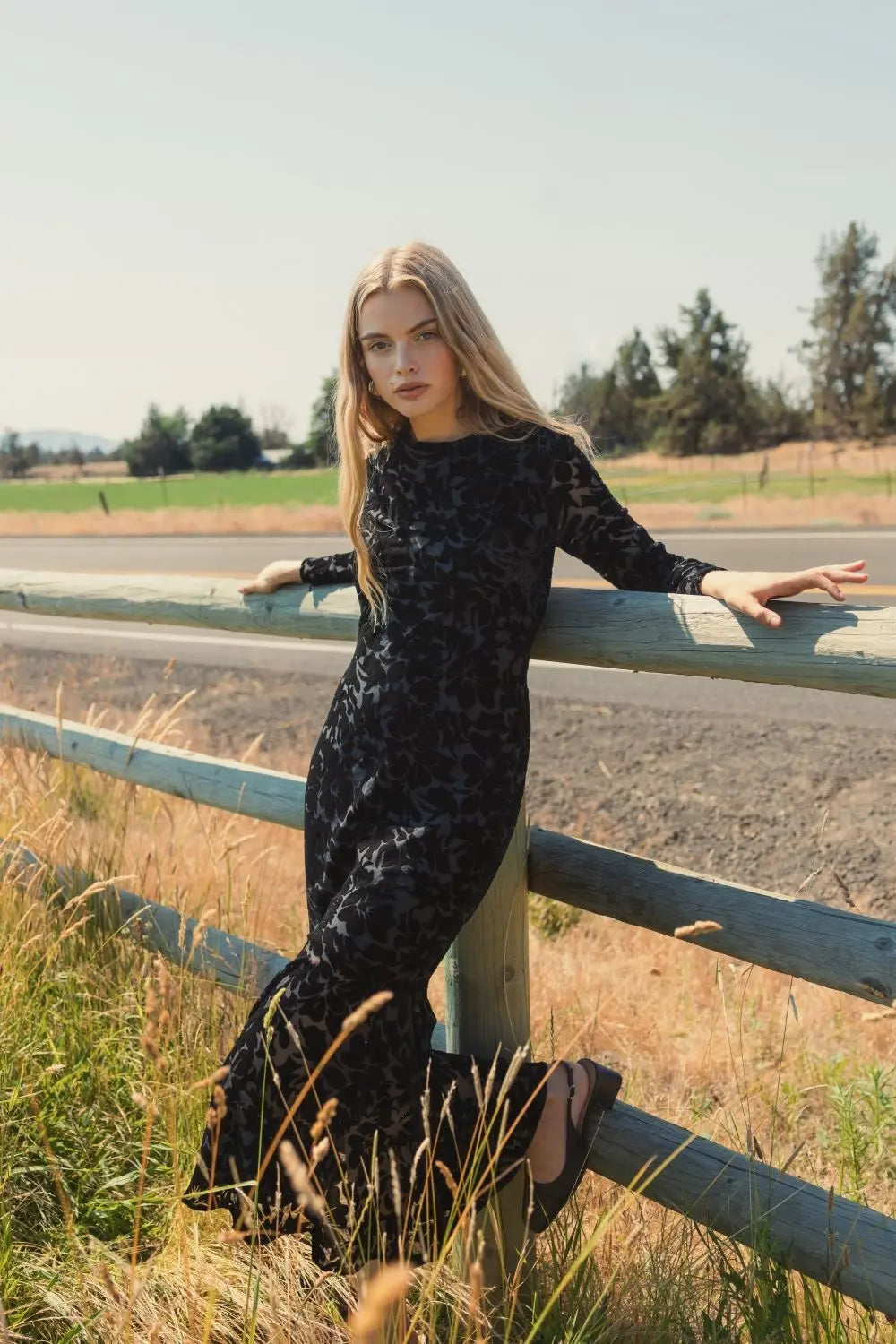 Black Burnout Velvet Long Sleeve Ruffle Hem Midi Dress