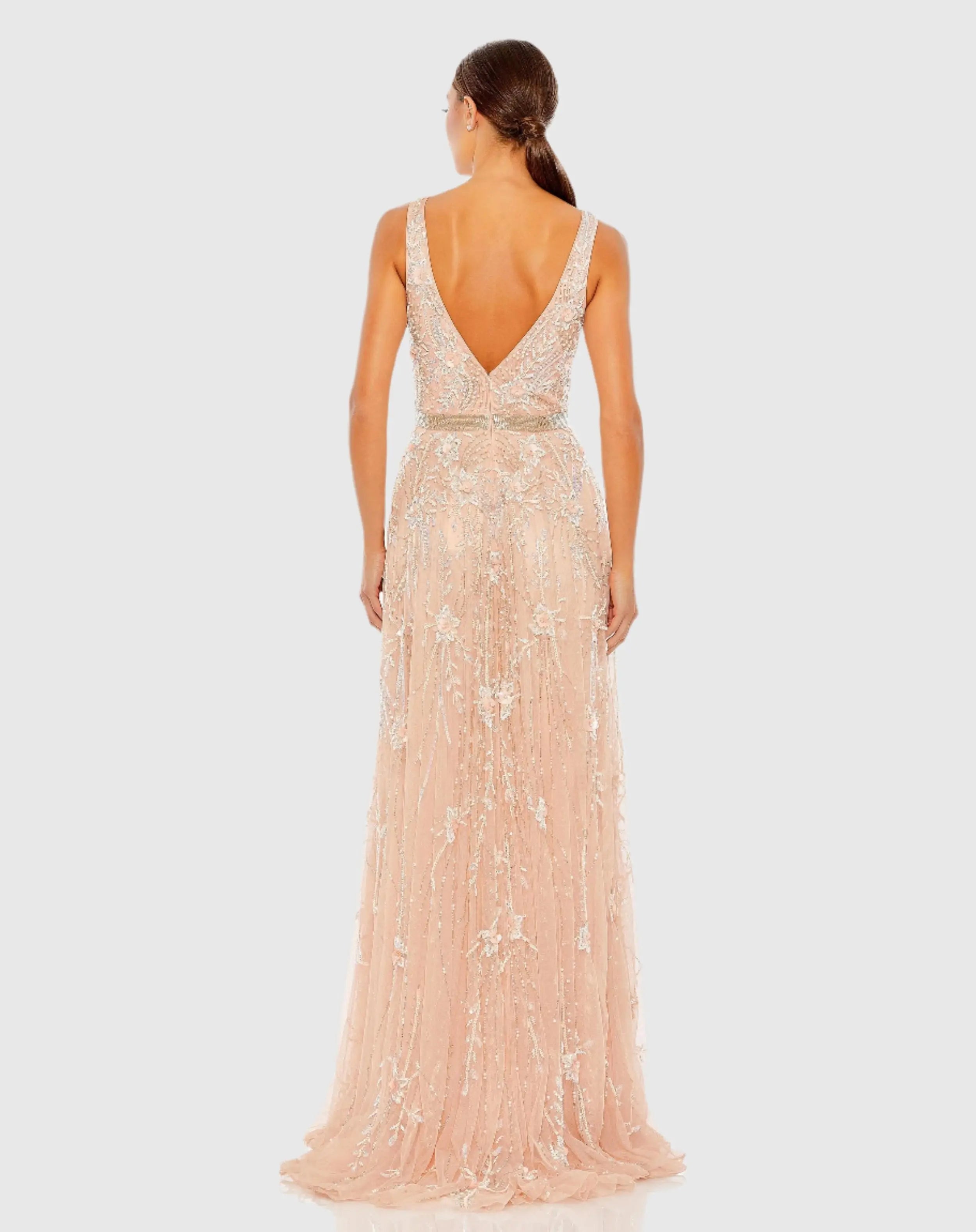 Pink Sleeveless V-Neck Embellished Tulle Gown