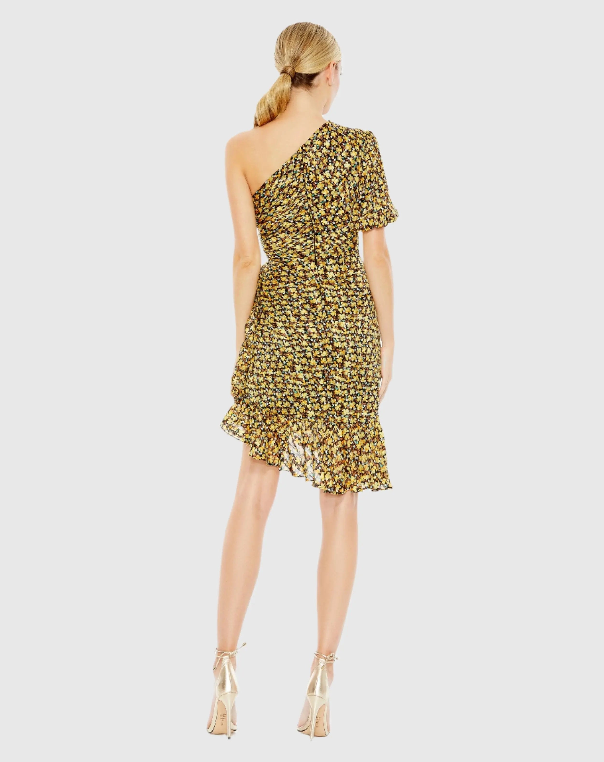 Black Floral Print Draped One Sleeve Ruffled Hem Dress