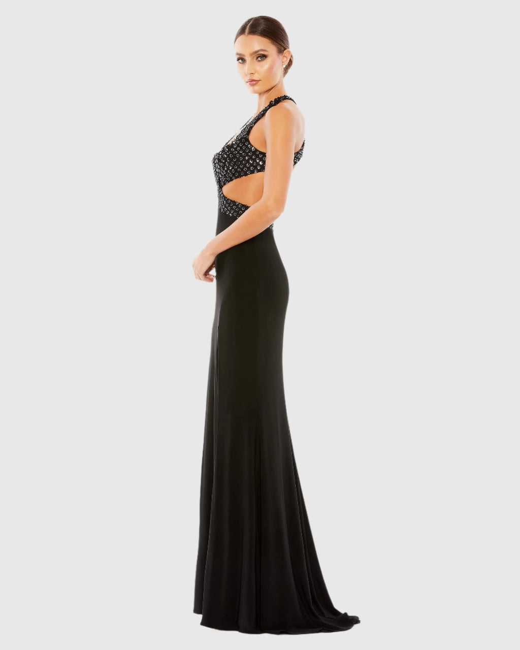 Black Floral Sequined Criss Cross Bodice Gown