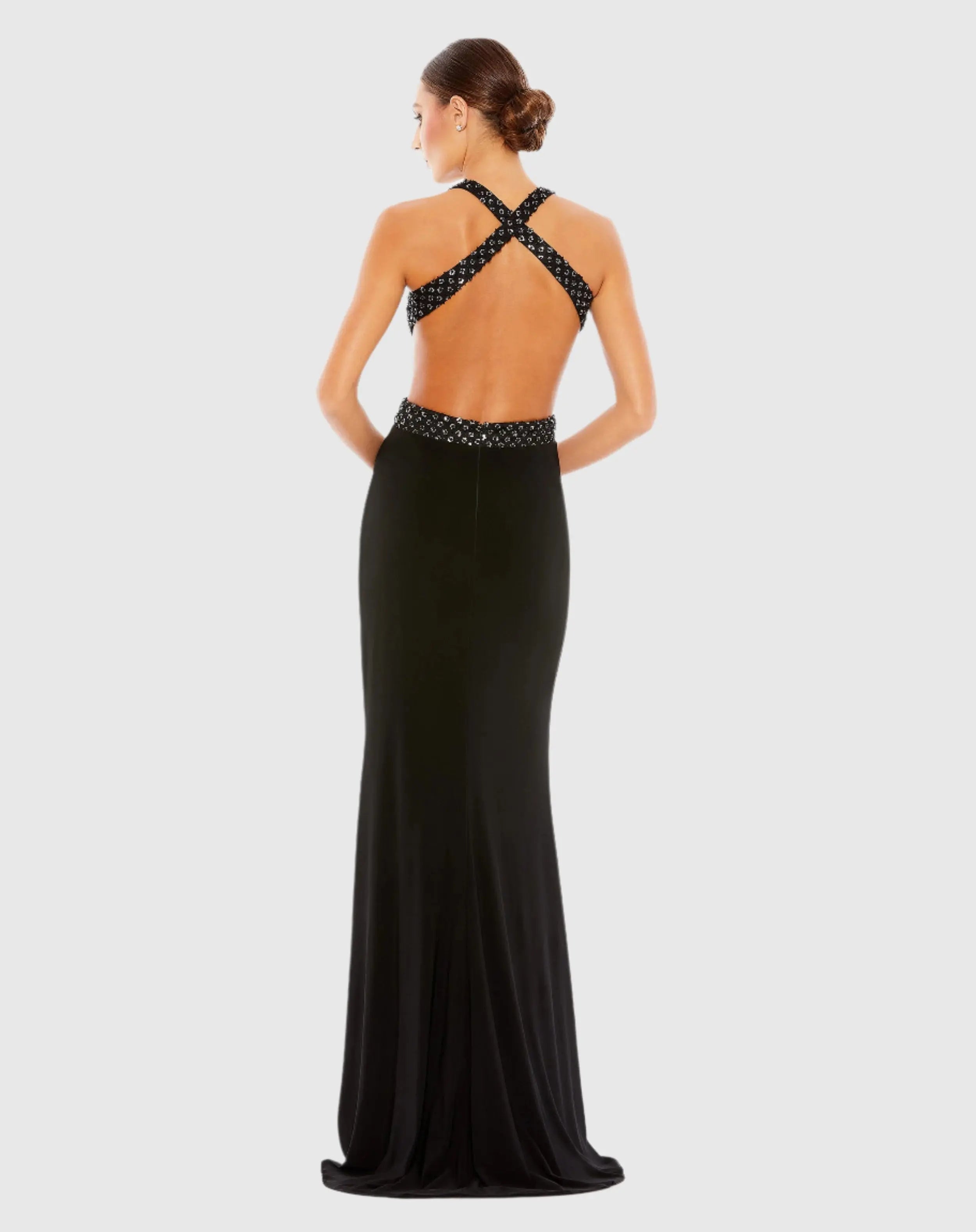 Black Floral Sequined Criss Cross Bodice Gown