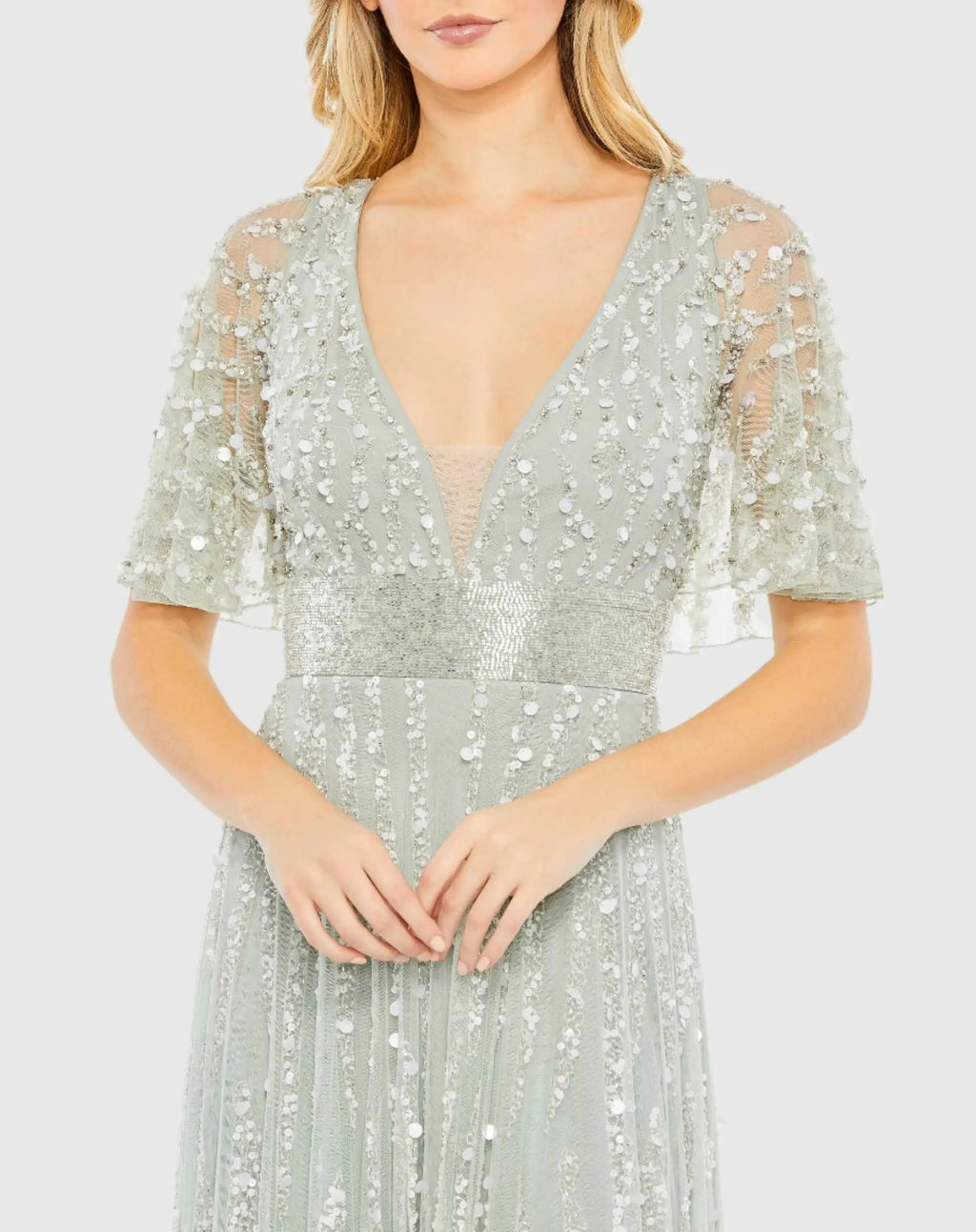 Green Embellished V-neck Empire Waist Gown
