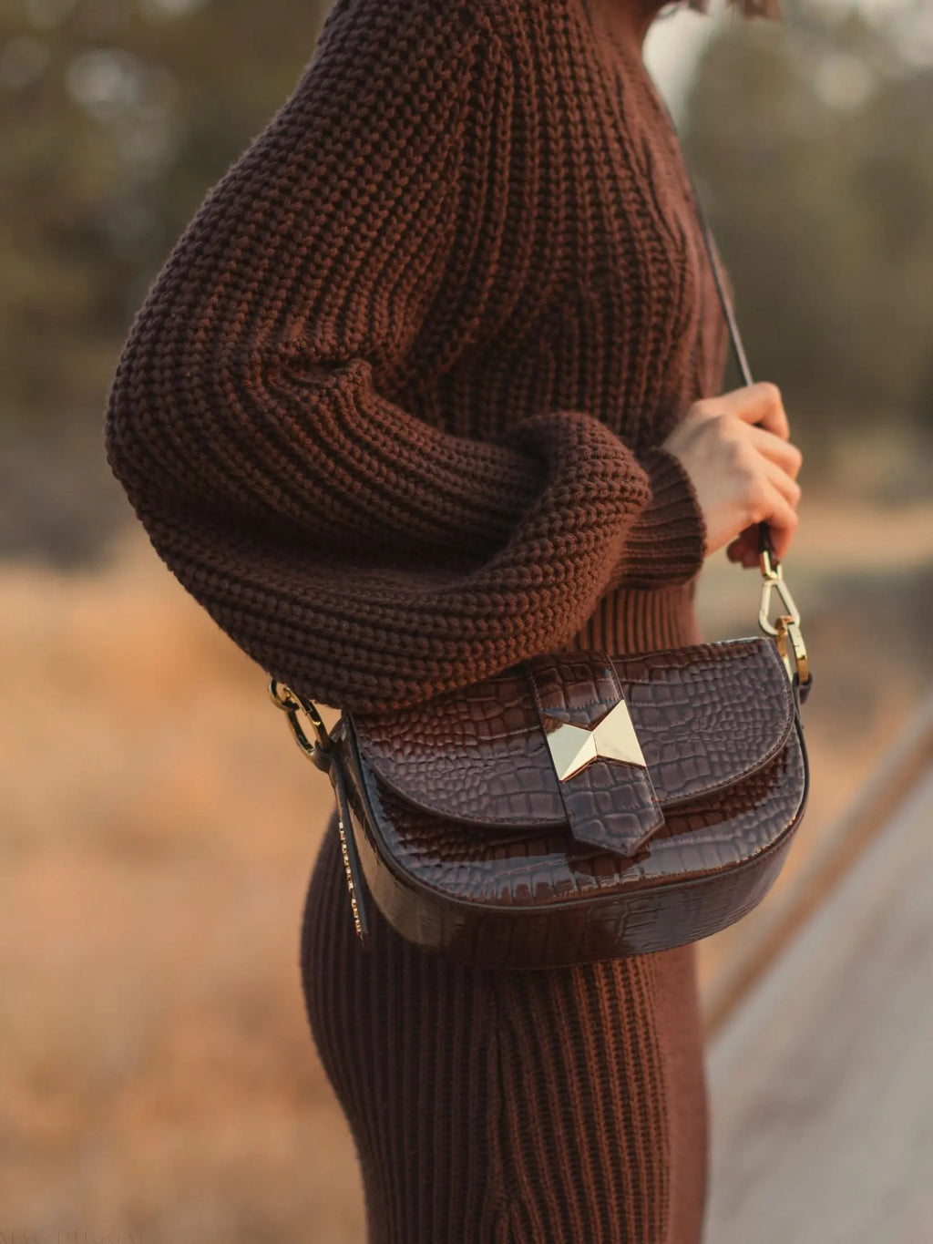 Brown Crocodile Leather Saddle Bag With Gold Hardware