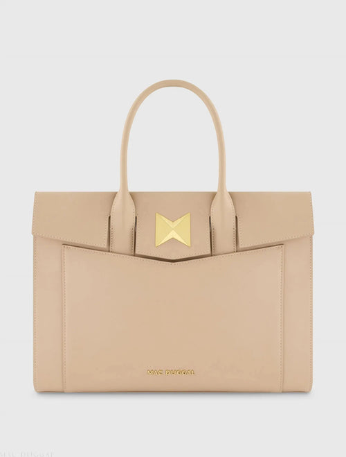 Beige Large Leather Briefcase Bag With Gold Hardware