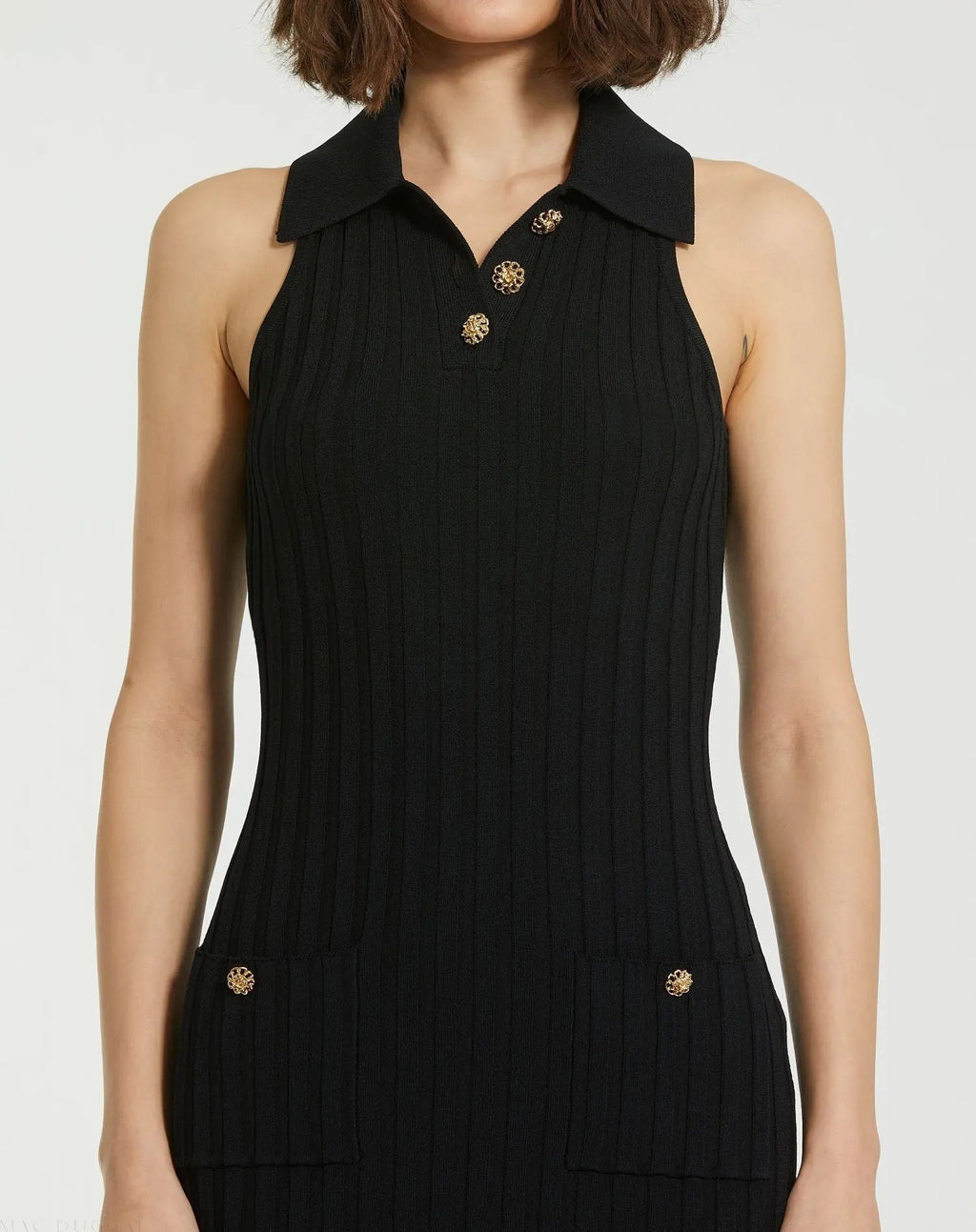 Black Rib Knit Collared Sleeveless Fitted Maxi Dress - FINAL SALE