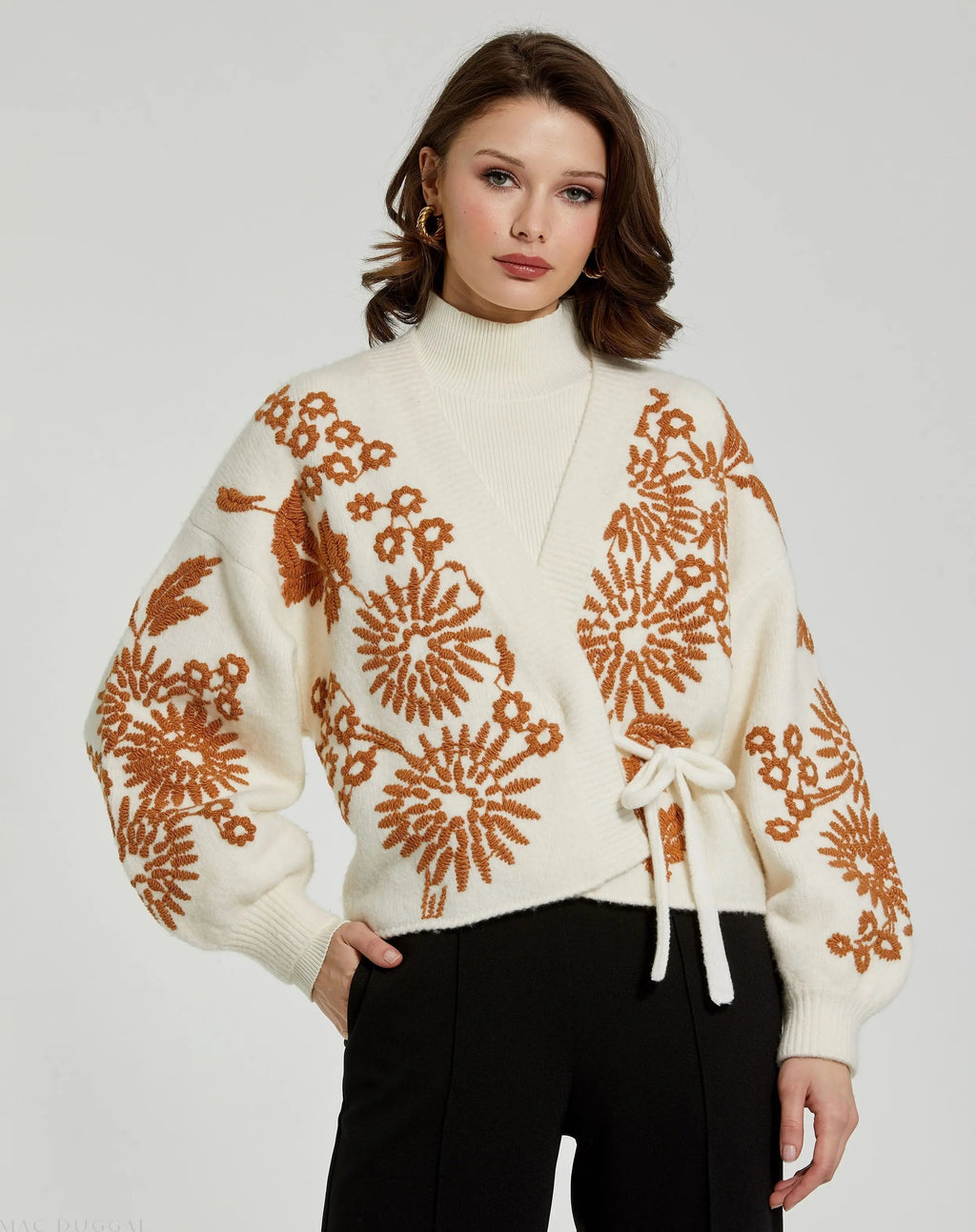 White Cropped Knit Cardigan With Floral Details