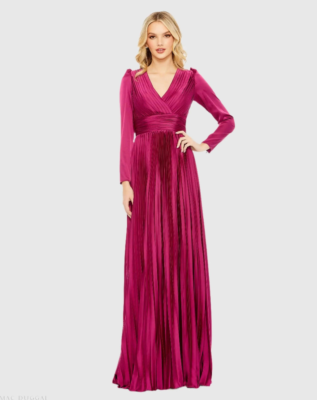Purple Pleated Long Sleeve V-Neck Gown