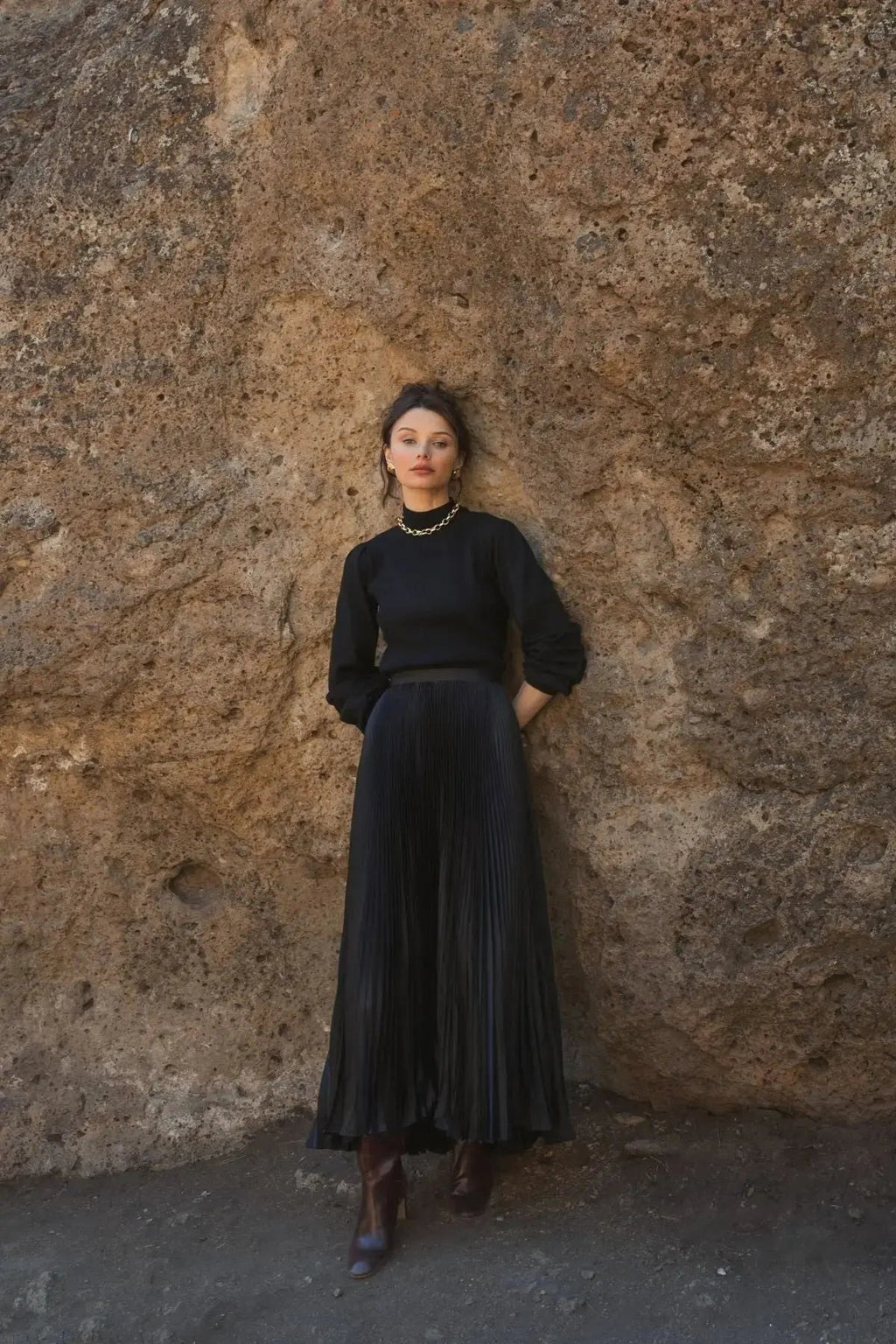Black Ankle Length Satin Pleated Skirt