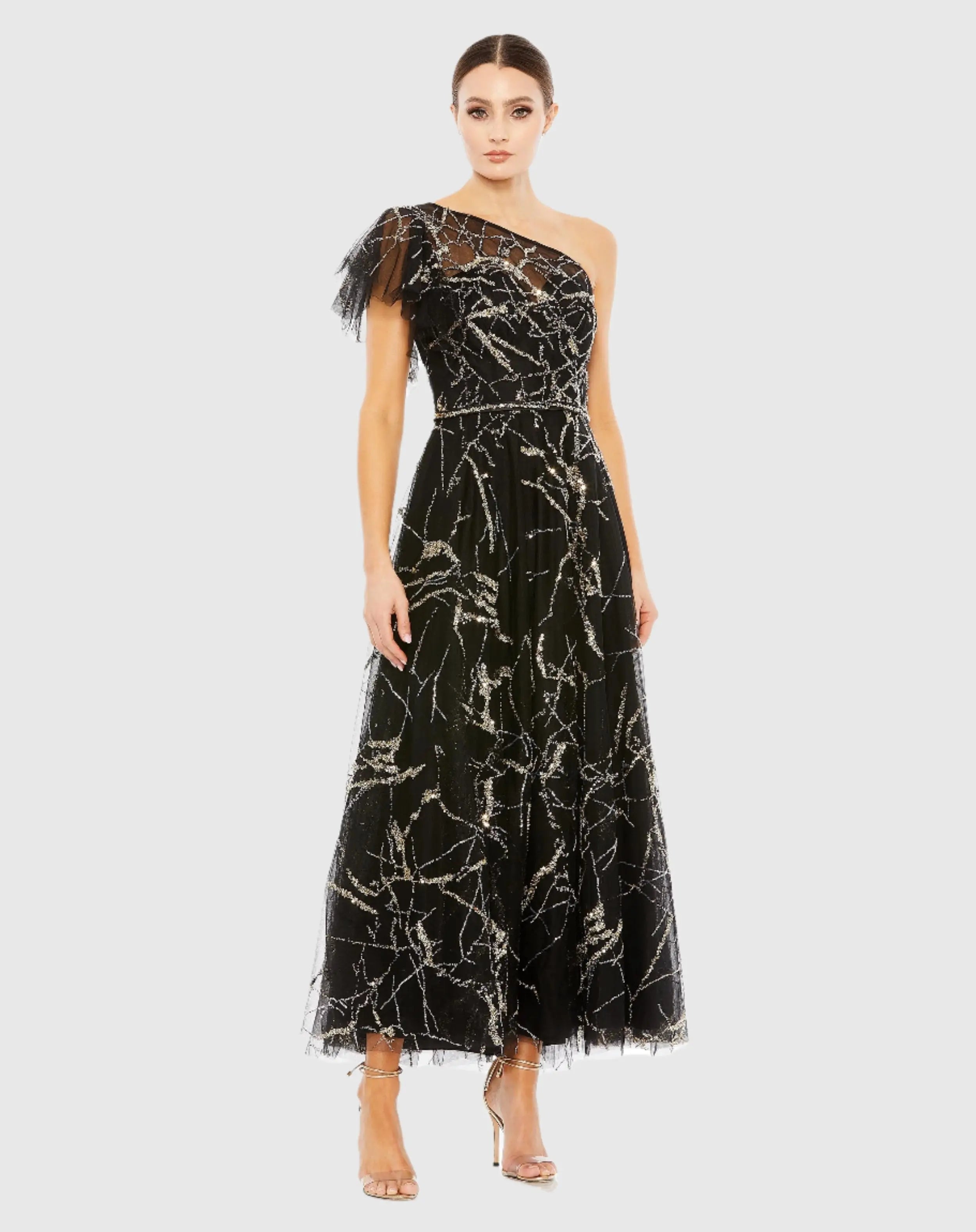 Black and Gold Two Tone One Shoulder A Line Dress