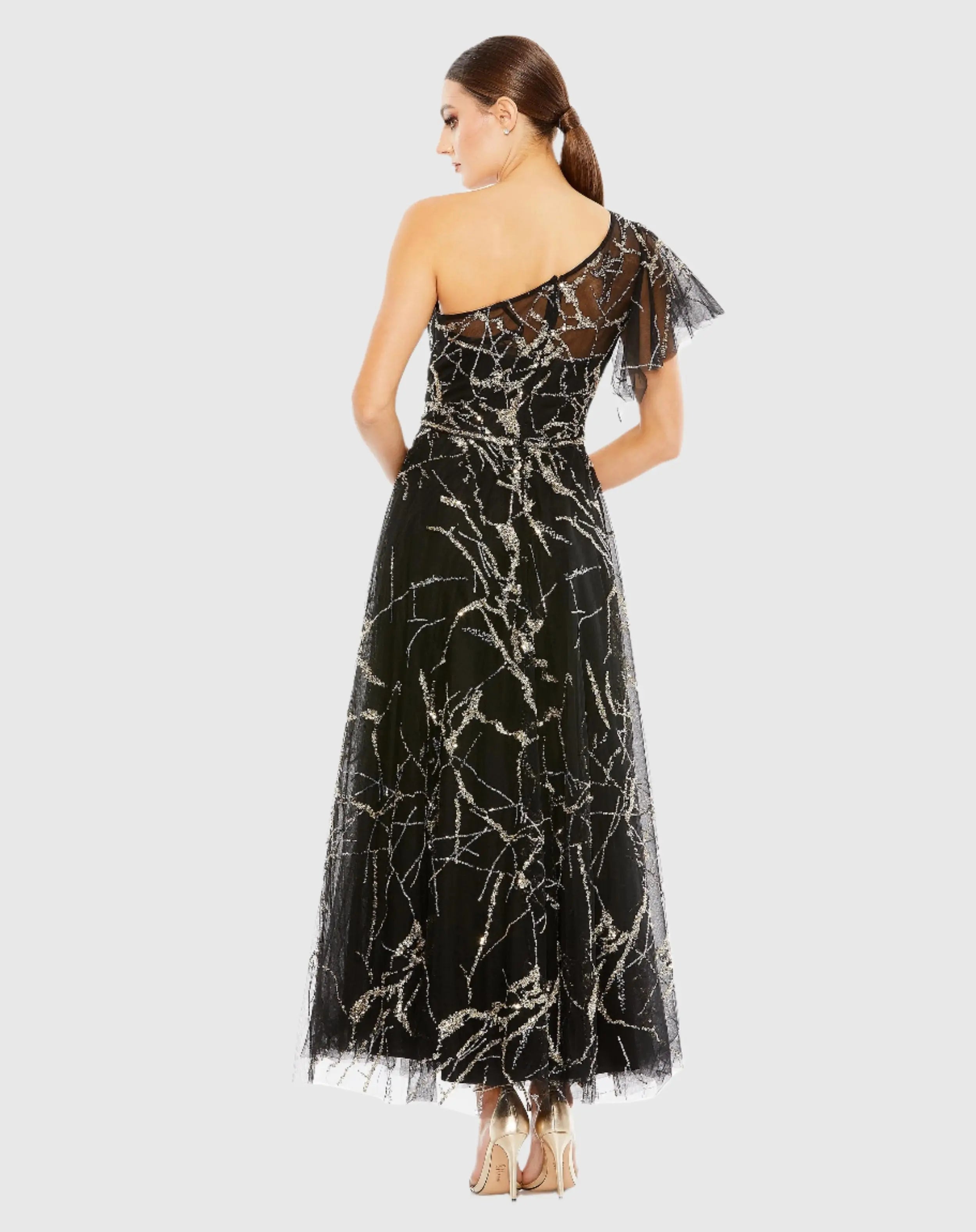 Black and Gold Two Tone One Shoulder A Line Dress